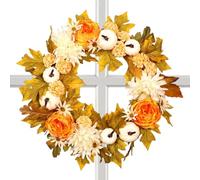 Fall Wreath - 17.72inch Thanksgiving Wreath - Seasonal Artificial White Pumpkins Maple Leaves Design Signs for Outdoor Indoor Fireplace Porch Wall Halloween Thanksgiving Christmas Holiday