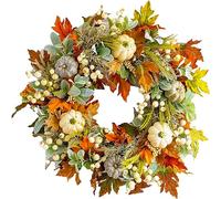 Fall Wreath for Front Door,Autumn Door Wreath with Artificial Maple Leaves & Berries Autumn Decorations,Artificial Pumpkins Wreath,Thanksgiving Wreaths,Maple Leaf Wreath for Window Wall Decor (35cm)