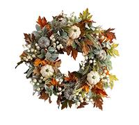 Fall Wreath for Front Door,Autumn Wreath with Maple Leaf,Pumpkins and Berries,White Artificial Pumpkins Wreath,Thanksgiving Wreaths,Maple Leaf Wreath for Window Wall Decor (35cm/13.78in)