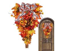Fall Wreath, Wall Mantel Decoration, Thanksgiving Bow with Berry and Maple Leaves, Suitable for Outdoor Porch, Door, Kitchen, Fireplace, Table, Holiday Party, Wedding, Window, Seasonal Display