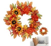 Fall Wreaths for Front Door, 18 Inches Thanksgiving Garland, 18 Inches Artificial Wreath Decoration with Maple Leaves Orange Red Berries and Sunflowers for Home Farmhouse Porch Front Door Thanksgiving
