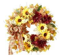 Fall Wreaths for Front Door Outside 20 Inch Autumn Wreath with Sunflowers, Maple Leaves, Bow Fall Door Wreath, Autumn Wreaths for Front Door, Thanksgiving Halloween Decor, B