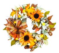 Fall Wreaths for Front Door,Sunflower Autumn Wreath with Lights,Pumpkins and Bows,for Thanksgiving Halloween Farmhouse Indoor Outdoor Outside (Yellow Sunflower)