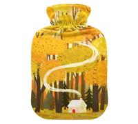 Fall Yellow Forests House Art Cute hot Water Bottle with Soft Cover, 2L hot Water Bag for Period Cramps,Period Cramps,Bolsa de agua Caliente para el Dolor