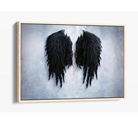 Fallen Broken Angel Black Wings Street Art Banksy Canvas Floater Frame Print Picture Art - Light Oak Frame 36 inch wide x 24 inch high