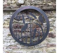 Fallen Fruits Birds In Bulrushes Round Garden Metal Wall Art Black Copper Effect
