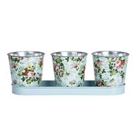 Fallen Fruits Set of 3 Rose Print Herb Pots/Flower Pots on a Tray - Blue/Pink...