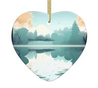 Fallen Leaves on a Tranquil Lake Ceramic Christmas Heart Pendant, The Pottery Piece is Available with Silk Thread