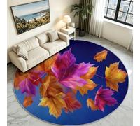 Falling Leaves Circular Area Rug 120 cm, Blue Botanical Floor Carpet | Low Profile Anti-Skid Circle Runner, Nature Foliage Floor Mat for High Foot Traffic Hallway, Corridor & Conservatory