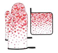Falling Red Hearts Printing 3 Pcs Oven Mitts And Pot Holders Set,High Heat Resistant Kitchen Gloves For Baking Grilling
