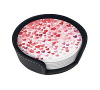Falling Red Hearts Round Leather Coasters (6 Pieces) - Drink Coaster Set For Desk, Modern Easy To Clean Home Office & Farmhouse Coasters