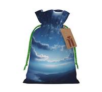 Falling Star Moon Printed Christmas Drawstring Bags Reusable Xmas Bag for Party Xmas Gift Wrapping, Green Ribbon, M