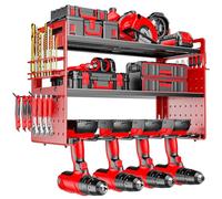 FaloStwer Modular Power Tool Organizer Wall Mount, Garage Drill Storage Shelf with Hooks, Heavy Duty Metal Premium Garage Tool Shelf, Gift for Man Cordless Tool Storage Rack (Red)