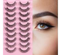 False Eyelashes 10 Pairs Natural Wispy Lashes, Lightweight Strip Lashes with Clear Band, Russian D Curl, Reusable, Soft Everyday Look