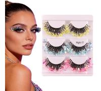 False Eyelashes - 3 Pair Glitter Voluminous Glow Style | Sparkly Thick Curled Fake Lash Set | Fluorescent Colorful Neon Makeup Supplies | Wispy Faux Cink Look for Party Festival Stage Performance