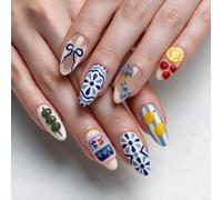 False Manicure Tips Blue White Fruit Art Glossy Nude Cream Set | 24 Pieces 12 Sizes, Adhesive Tab Wear or Lasting Hold Setup for Daily Commute Travel