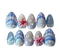 False Manicure Tips Set with 12 Displayed Sizes, 30 PCS Blue Gradient ABS Artificial Tips with 3D Flowers and Application Accessories Stick on Artificial Manicure Blue Art Shell Floral