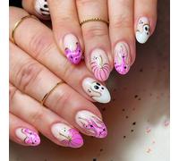 False Nail Art Halloween - Almond Nails Glossy Cute White Ghost Pink Flame Halloween Elements - 24PCS French Full Cover Stick on Nails Wearable Nail Art