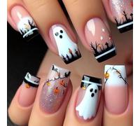 False Nail Art Halloween - Press on Nails Medium Length - Ghost Black Forest Square Fake Nails French Tip Glossy - Acrylic Stick on Nails with Glue - Fake Nails for Halloween Party Thanksgiving Day