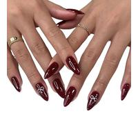 False Nails 24Pcs Elegant Black Almond Press-On Nail With Pearl Heart&Bow Accents-Glossy Finish Short Length Removable False Nails For Women(A341)