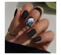 False Nails 24Pcs Fashion Fake Nails Press on Short Square Head False Nail Art Green Leopard Print Design Artifical Full Cover Tips(Color17)