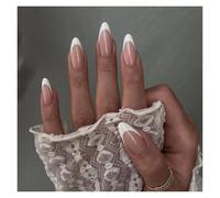 False Nails 24Pcs Glitter French Fake Nails Oval Shape Press on Short White Almond False Wearable Full Cover Nail Tips(Color31)