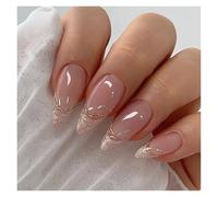 False Nails 24Pcs Glitter French Fake Nails Oval Shape Press on Short White Almond False Wearable Full Cover Nail Tips(Color38)