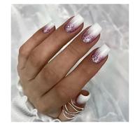 False Nails 24pcs Short Round False Nails French Blue Sparkling Pearl White Wavy Love Heart Full Cover Detachable Press On Nail Tips(Color12)