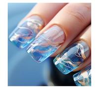 False Nails 24pcs Short Round False Nails French Blue Sparkling Pearl White Wavy Love Heart Full Cover Detachable Press On Nail Tips(Color9)