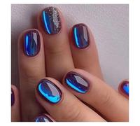 False Nails 24pcs Short Round False Nails French Blue Sparkling Pearl White Wavy Love Heart Full Cover Detachable Press On Nail Tips(Color10)