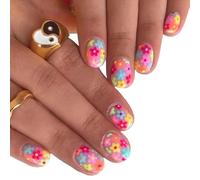 False Nails 24Pcs Simple Blue Fake Nail Short Square False Nails With Flower Designs WearablePress On Full Cover Fingernails(217)