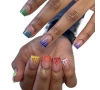False Nails 24pcs Simple Square False Nails Short Rainbow Line Flame Fake Full Cover Detachable Nail Tips Press On(01)