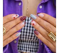 False Nails - Almond Shape Artificial Nails with Polka Dot Accent Star Design and Glossy Finish for Women, Short, Red and Blue Patterns for Daily Wear and Special Occasions