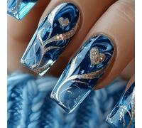 False Nails, Blue Acrylic Full Cover False Nails, Removable Glue On Artificial Nails for Women & Girls, 24pcs Medium Square Press On Nails with Gold Line & Heart Design