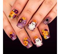 False Nails for Halloween Theme, Short Square Press on Manicure Tips with Web Floral Designs and Glitter Gradient Finish Stick on Manicure Holiday False Nails Glitter Floral Web Pattern Square