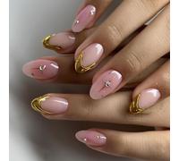False Nails French Tip - 24pcs Nude Pink False Nails Short with Elegant 3D Gold Edge - Short Almond Strong Fake Nails Dotted with Little Stars - Stick on for Women Daily Wedding Wear