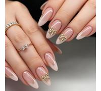 False Nails French Tip - 24pcs Nude Pink French Edge Press on Nails with Small Gold Bow - Short Almond Strong Fake Nails with Glue - Full Cover Stick on Nails for Women French Nail Art