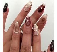 False Nails Long Almond Glossy Gradient Burgundy Nude with Gold Geometric Accents and Beads - 24PCS Almond Shaped Press On Nails for Formal Events Parties Everyday Wear DIY Salon Manicure Reusable