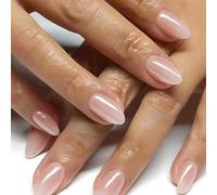 False Nails Medium Almond Press on Nails with Pink Nude Chrome Nail,Aurora Glazed Fake Nails Almond,Long Lasting Light Weight Pink Nail for Women Daily Wear,24pcs