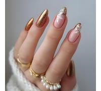 False Nails Medium Length, Almond Press on Nails Gold Glitter Glossy Fake Nails with White Snow Design,Acrylic Stick on for Women, Fake Nail for Nails Art