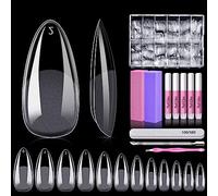 False Nails, MORGLES 600pcs Acrylic Almond Clear Fake Nails with Glue, Buffer Bocks, Emery Board, Cuticle Pusher and Fork,12 Sizes(0-11) in Box