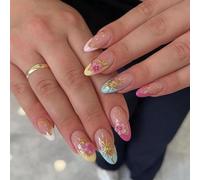 False Nails Set French Inspired ABS Resin Almond Pieces with 3D Flower Art, Adhesive Tab Wear for Party Dinner Weekend Photo Moments