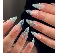 False Nails Short - 24Pcs Orange Oval Fake Nails Pumpkin Ghost Design Press on Nails - Halloween Acrylic Stick on Nails for Women and Girls DIY Nail Art (Blue Green Flash Diamond Pearls)