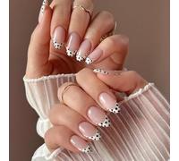 False Nails Short Almond White with Black Dots | Elegant French design, white lace, black dots, chic and timeless, for any season