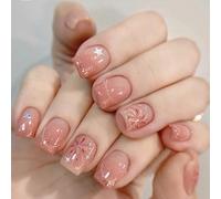 False Nails Short, French Stick On Square Nude Press On With Glue Sparks Fly Design Elegant Sweet Fake for Women Girls (Fireworks Star) - 24pcs