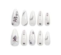 False Nails White Almond False Nails Character Beads Design Fake Patch Nail(H1)