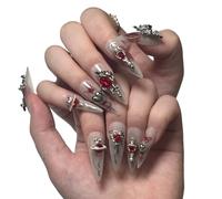 False Nails White Almond False Nails Character Beads Design Fake Patch Nail(H4)