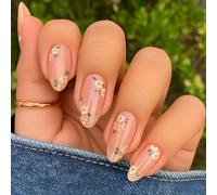 False Nails with Floral Designs Sheer Base Short Almond Shape - Dainty Artificial Press on Nails for Women 24Pcs Natural Spring Garden Style Stick on Transparent Pink Nude False Elegant Touch