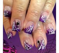 False Nails With White Spiderweb Accents Full Cover Acrylic Tips Reusable Halloween Party Nails Art For Women Easy Apply Press On Nail