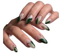 False Nails Women Medium Water Droplet Green Gold Wire Color Blocking Full Coverage Wearable Fake Nail Patch Set